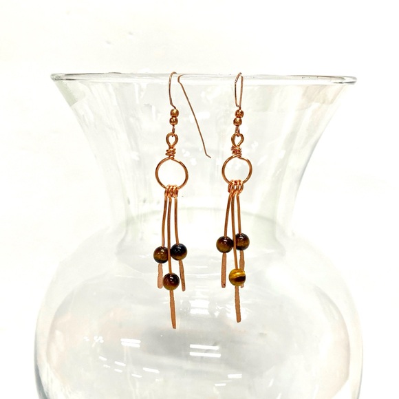 HANDMADE Tigers Eye and Hand Wrapped and Hammered Bare Copper Dangle Earrings - Picture 7 of 10